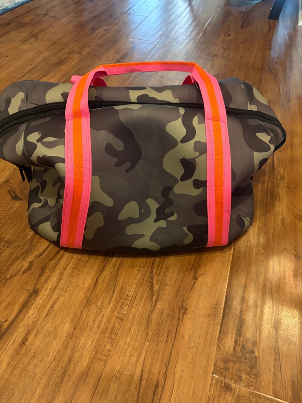 Camouflage Travel Tote with Pink & Orange Handles Neoprene